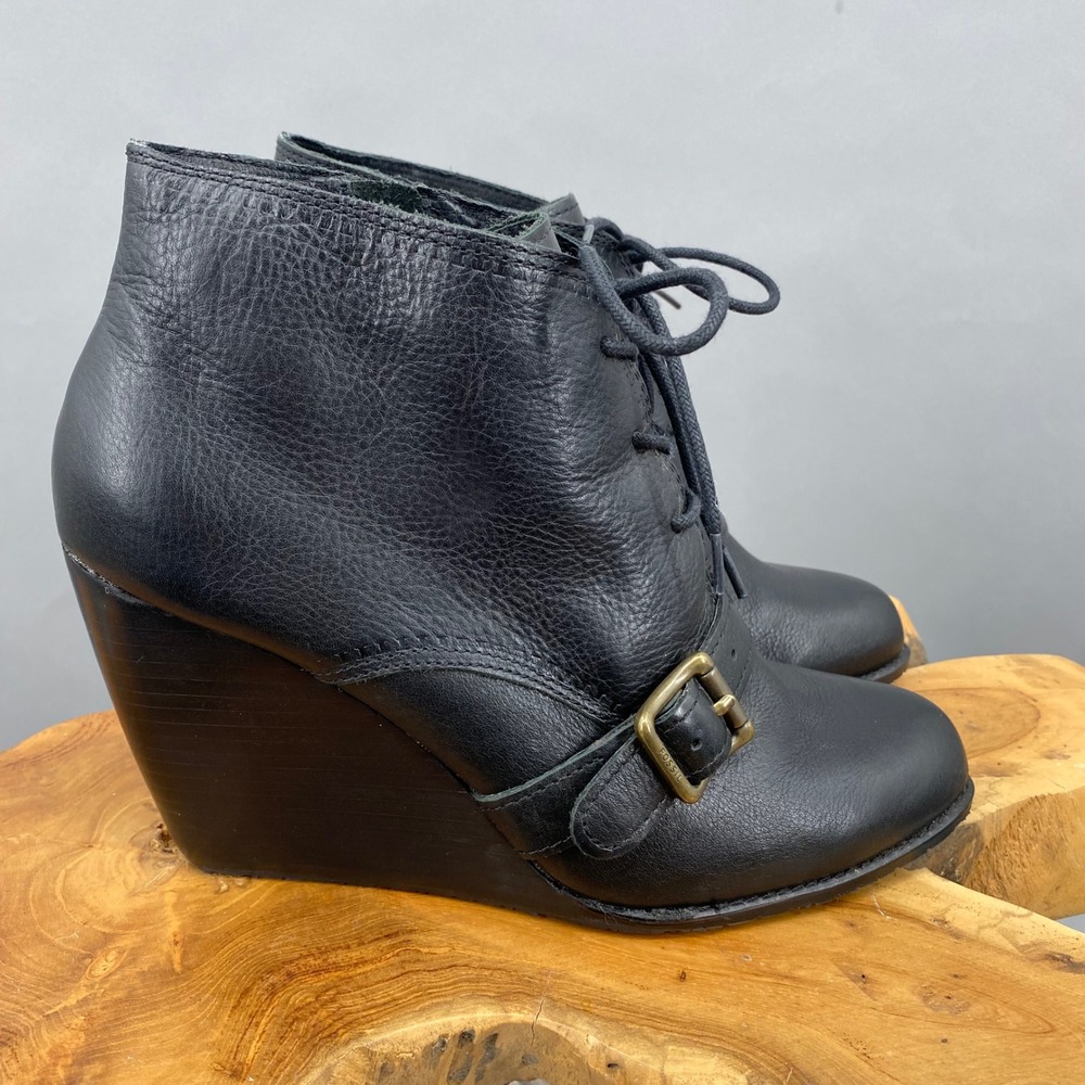 Fossil Black Leather Lace‎ Up Wedge Ankle Boots Women's Size 11 Steampunk